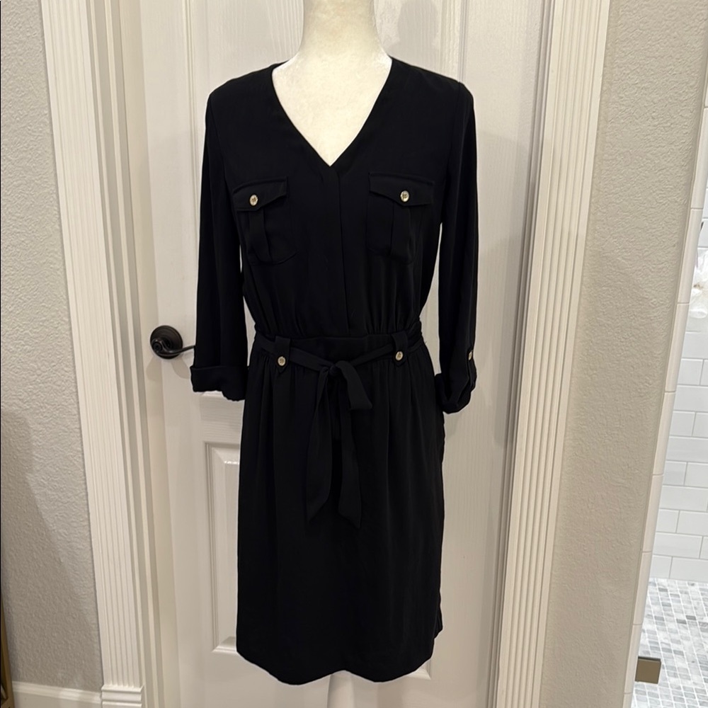 Black V-Neck Belted Dress
